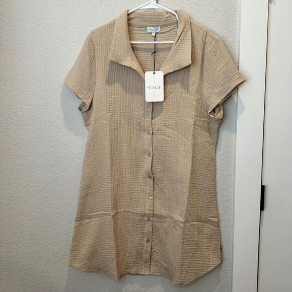 NWT S’edge Tan 100% Gauzy Cotton Button Front Shirt Dress - Size Large - Picture 2 of 7